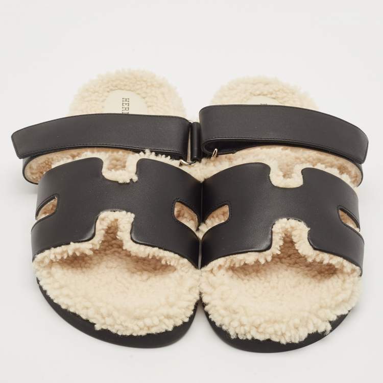 Pre Owned Hermes Black Leather and Shearling Fur Lined Chypre Sandals Size 40