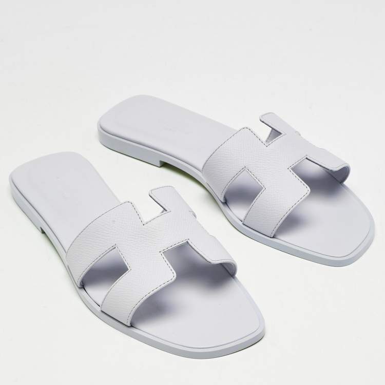 Pre Owned Hermes Blue Glacier Leather Oran Flat Slides Size 37.5