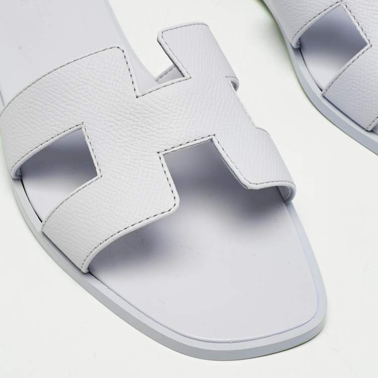 Pre Owned Hermes Blue Glacier Leather Oran Flat Slides Size 37.5
