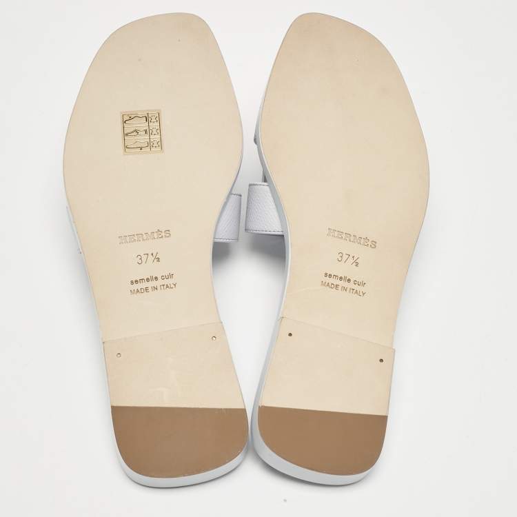 Pre Owned Hermes Blue Glacier Leather Oran Flat Slides Size 37.5