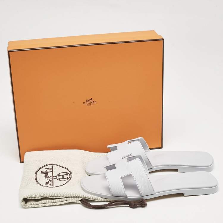 Pre Owned Hermes Blue Glacier Leather Oran Flat Slides Size 37.5