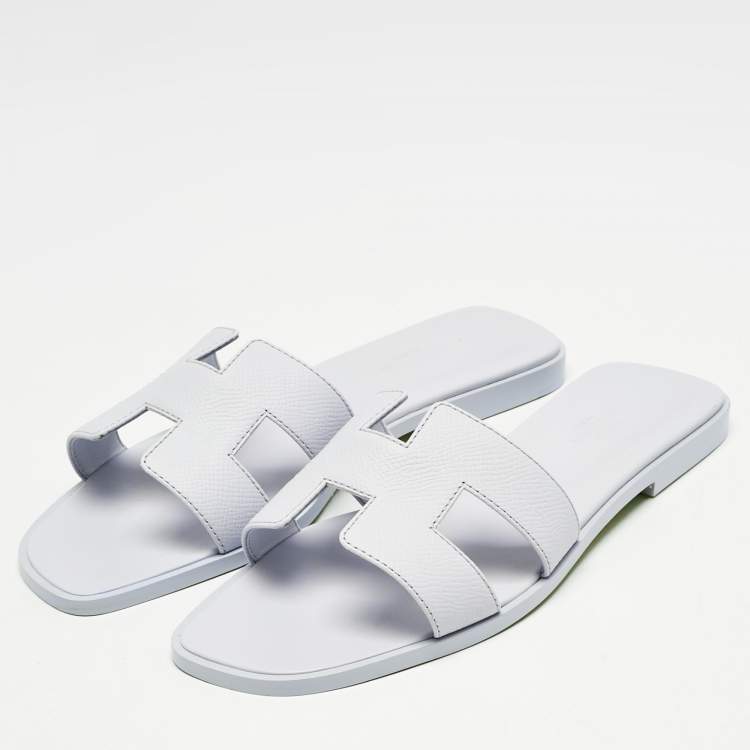 Pre Owned Hermes Blue Glacier Leather Oran Flat Slides Size 37.5