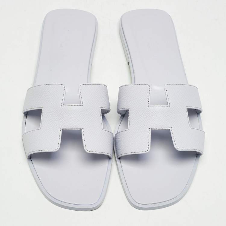 Pre Owned Hermes Blue Glacier Leather Oran Flat Slides Size 37.5