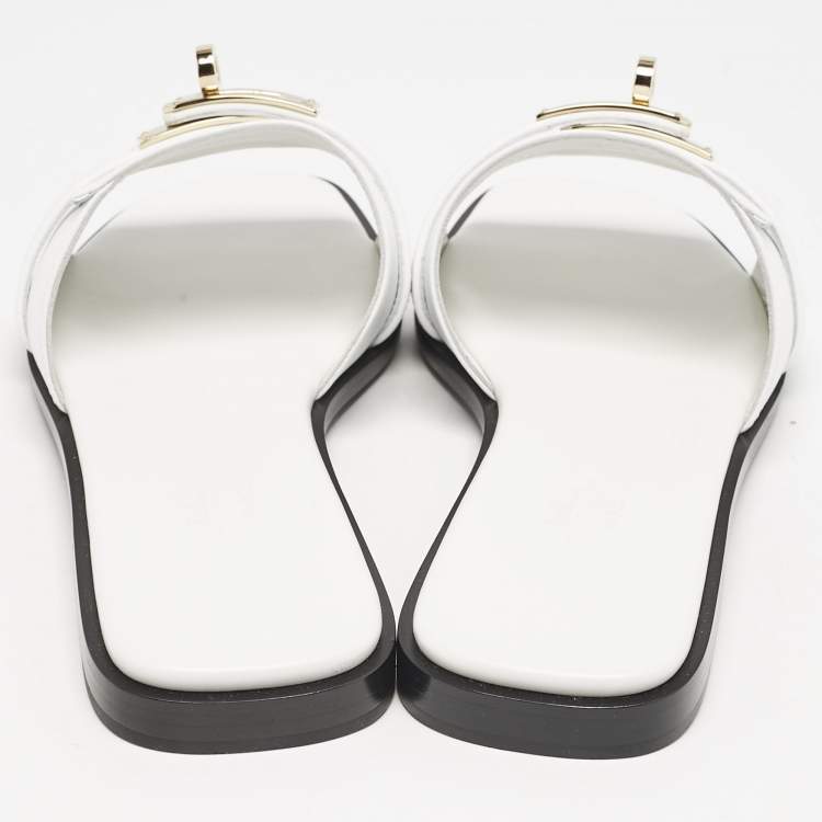 Pre Owned Hermes White Leather Giulia Flat Slides Size 37