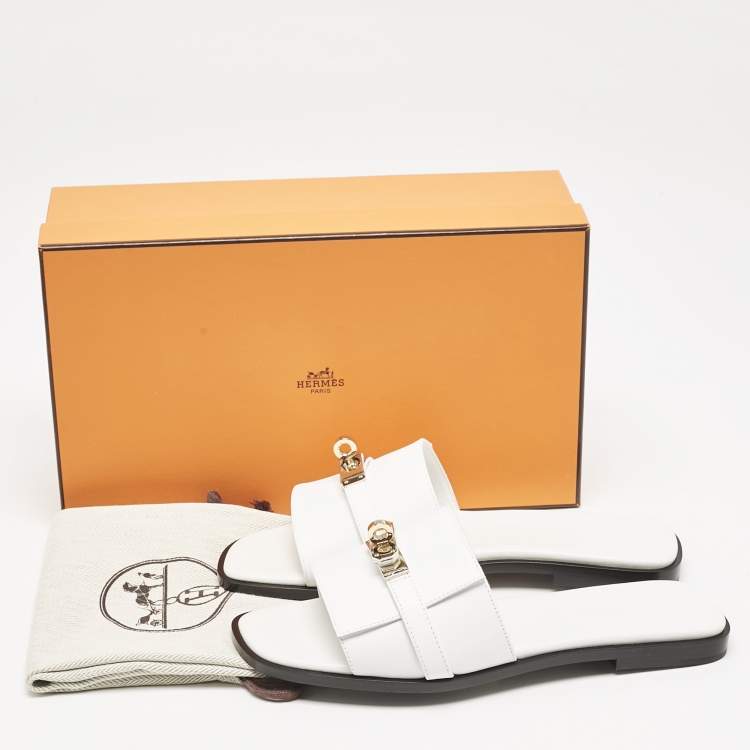 Pre Owned Hermes White Leather Giulia Flat Slides Size 37