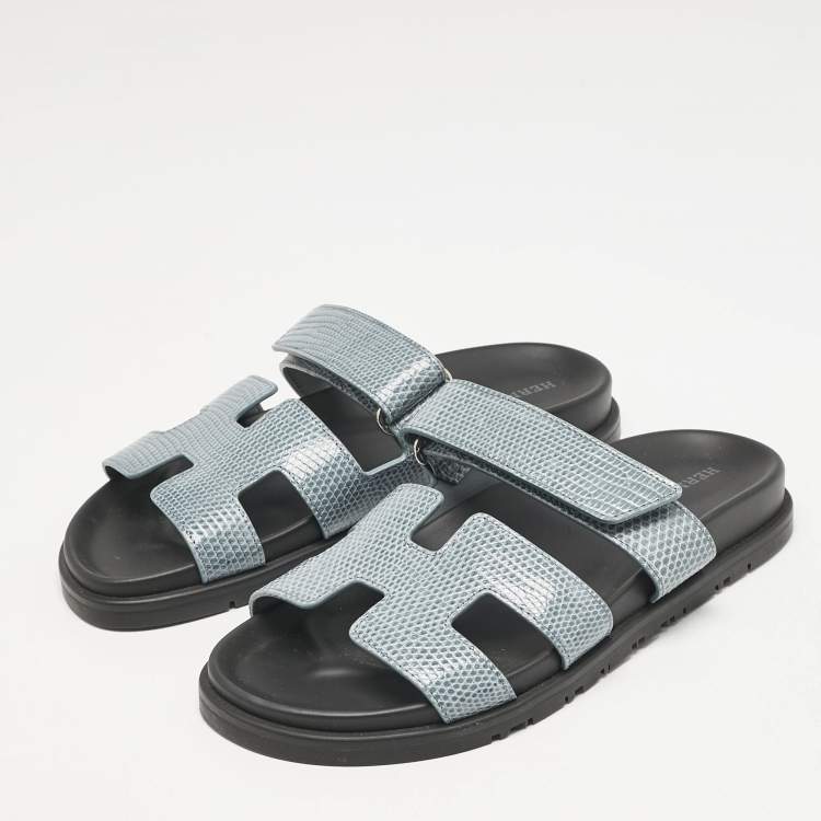 Pre Owned Hermes Blue Lizard Leather Chypre Flat Sandals Size 38