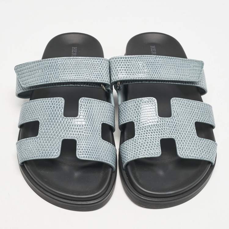 Pre Owned Hermes Blue Lizard Leather Chypre Flat Sandals Size 38