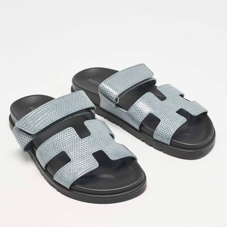 Pre Owned Hermes Blue Lizard Leather Chypre Flat Sandals Size 38