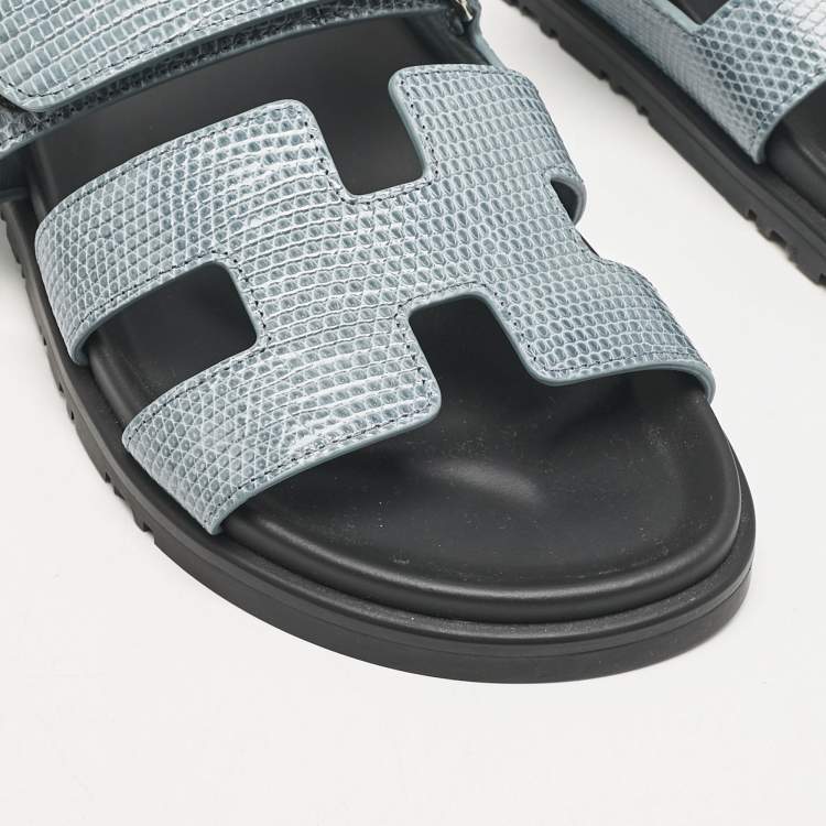 Pre Owned Hermes Blue Lizard Leather Chypre Flat Sandals Size 38