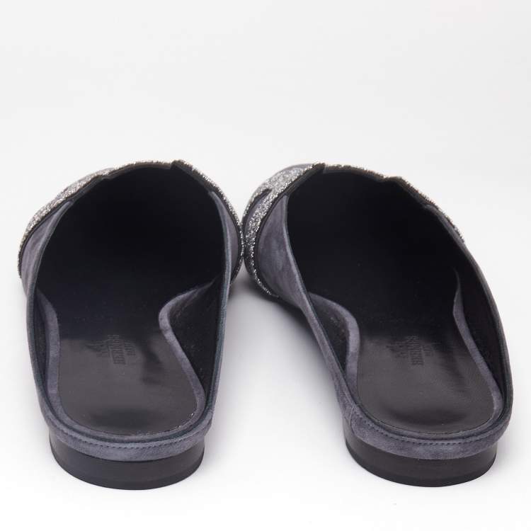 Pre Owned Hermès Grey Suede Crystal Embellished Roxane Flat Mules Size 40