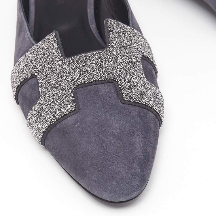 Pre Owned Hermès Grey Suede Crystal Embellished Roxane Flat Mules Size 40