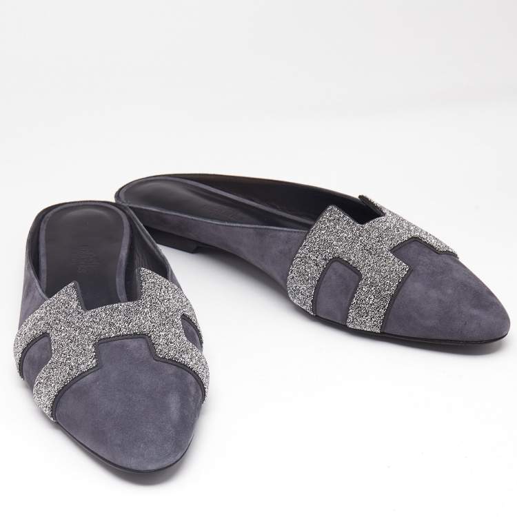 Pre Owned Hermès Grey Suede Crystal Embellished Roxane Flat Mules Size 40