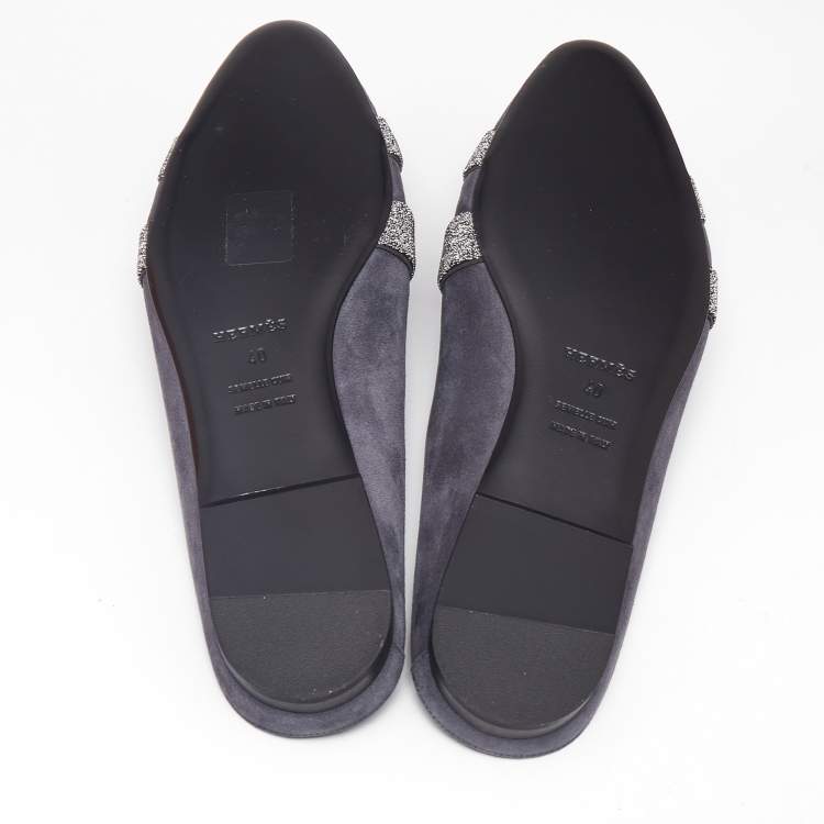 Pre Owned Hermès Grey Suede Crystal Embellished Roxane Flat Mules Size 40