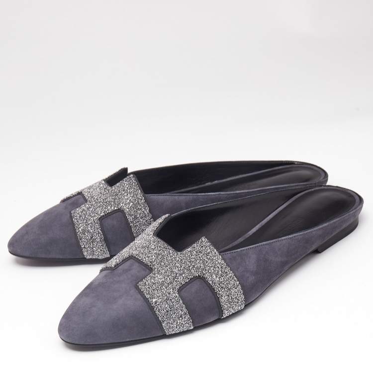 Pre Owned Hermès Grey Suede Crystal Embellished Roxane Flat Mules Size 40