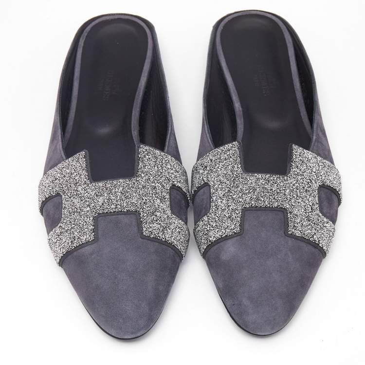 Pre Owned Hermès Grey Suede Crystal Embellished Roxane Flat Mules Size 40