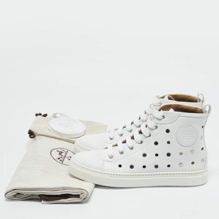 Pre Owned Hermes White Perforated Leather Jimmy High Top Sneakers Size 39