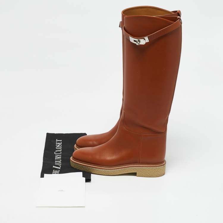 Pre Owned Hermes Brown Leather Kelly Jumping Knee Length Boots Size 38