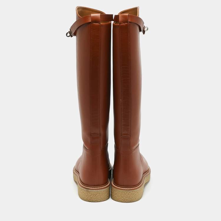 Pre Owned Hermes Brown Leather Kelly Jumping Knee Length Boots Size 38