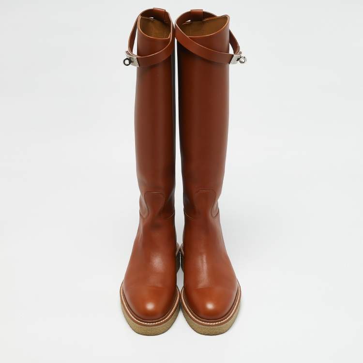 Pre Owned Hermes Brown Leather Kelly Jumping Knee Length Boots Size 38