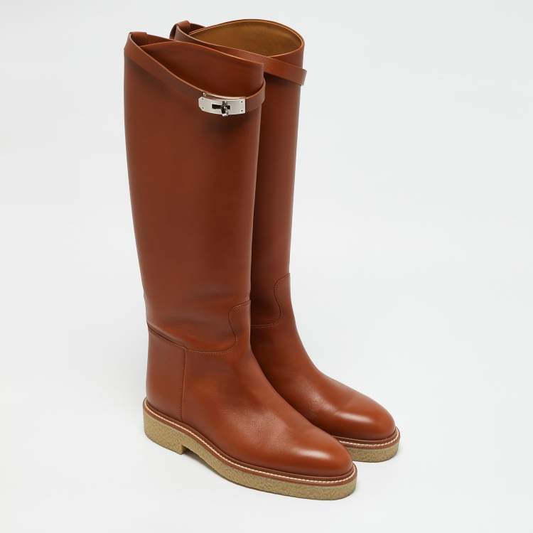 Pre Owned Hermes Brown Leather Kelly Jumping Knee Length Boots Size 38