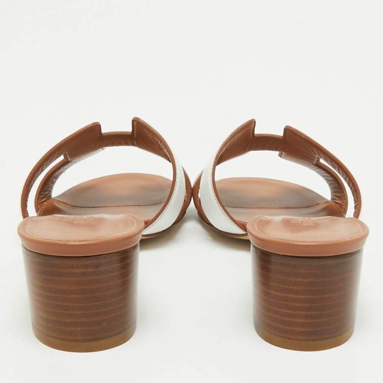 Pre Owned Hermes Brown/White Leather Oasis Slide Sandals Size 36.5