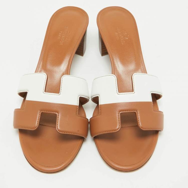 Pre Owned Hermes Brown/White Leather Oasis Slide Sandals Size 36.5