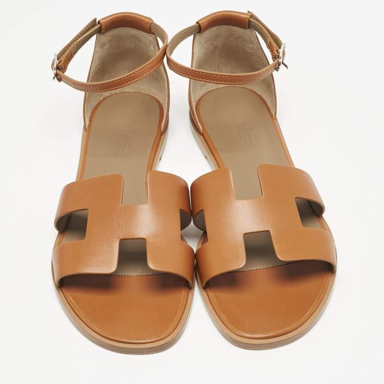 Pre Owned Hermès Brown Leather Santorini Ankle Strap Flat Sandals Size 40