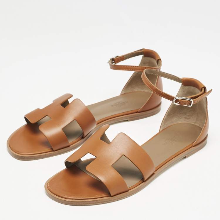 Pre Owned Hermès Brown Leather Santorini Ankle Strap Flat Sandals Size 40