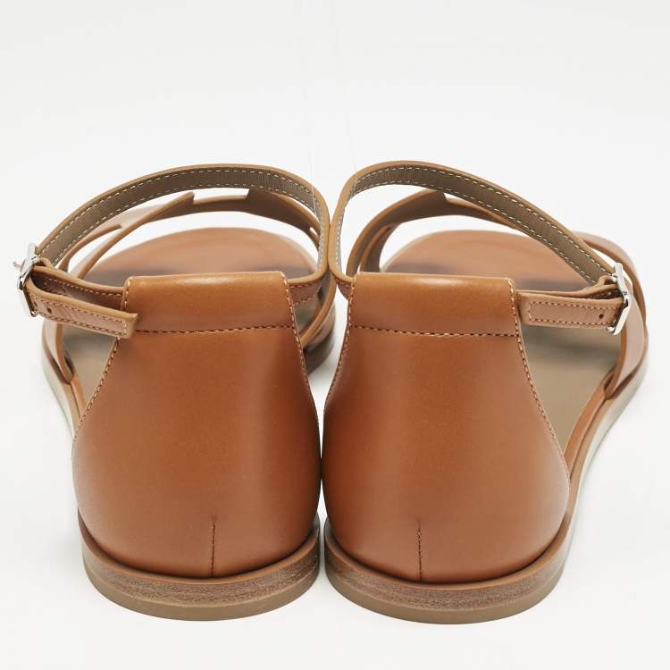 Pre Owned Hermès Brown Leather Santorini Ankle Strap Flat Sandals Size 40