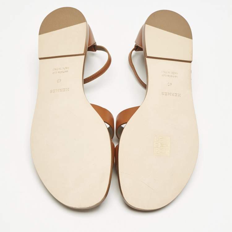 Pre Owned Hermès Brown Leather Santorini Ankle Strap Flat Sandals Size 40