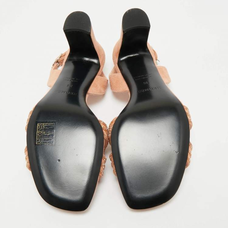 Pre Owned Hermes Peach Suede Crystal Embellished Eternite Sandals Size 36