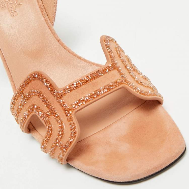 Pre Owned Hermes Peach Suede Crystal Embellished Eternite Sandals Size 36