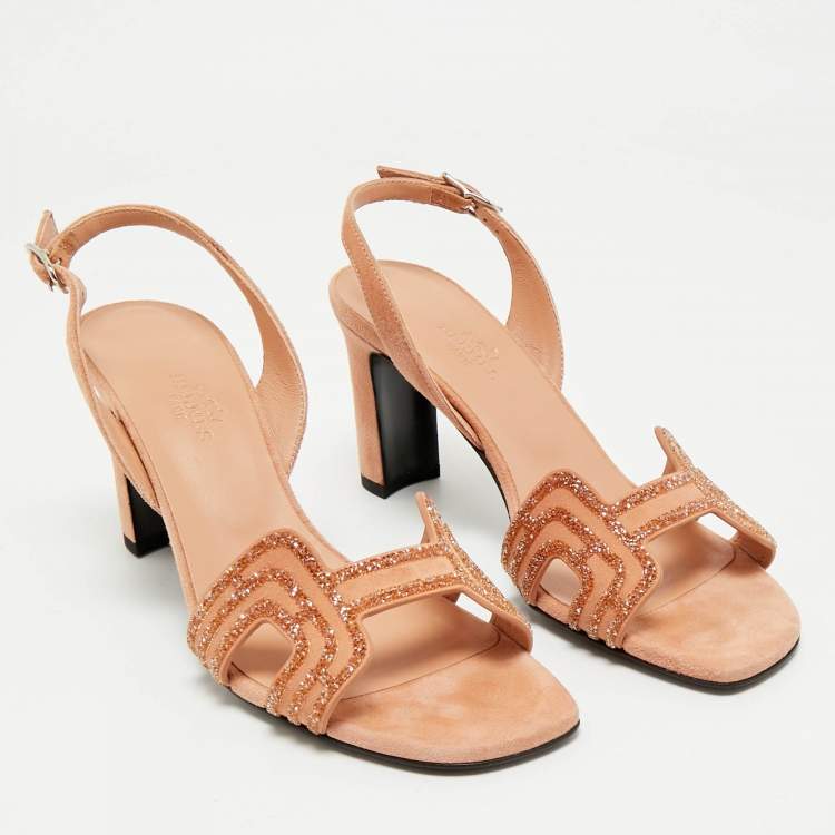 Pre Owned Hermes Peach Suede Crystal Embellished Eternite Sandals Size 36