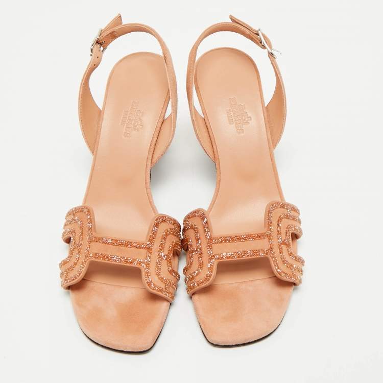 Pre Owned Hermes Peach Suede Crystal Embellished Eternite Sandals Size 36