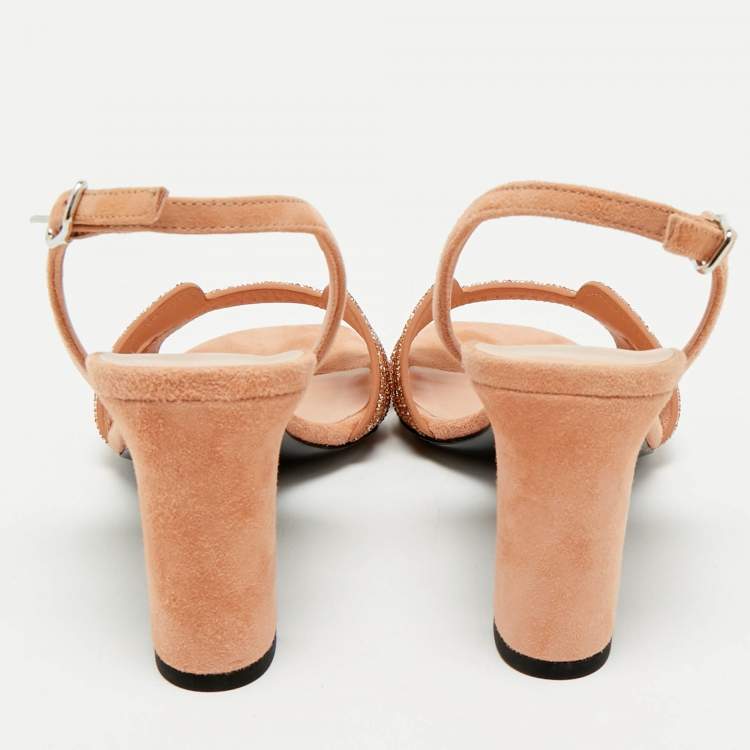Pre Owned Hermes Peach Suede Crystal Embellished Eternite Sandals Size 36