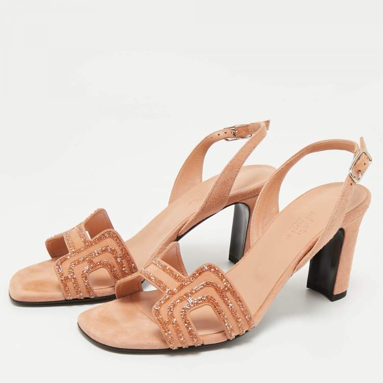 Pre Owned Hermes Peach Suede Crystal Embellished Eternite Sandals Size 36