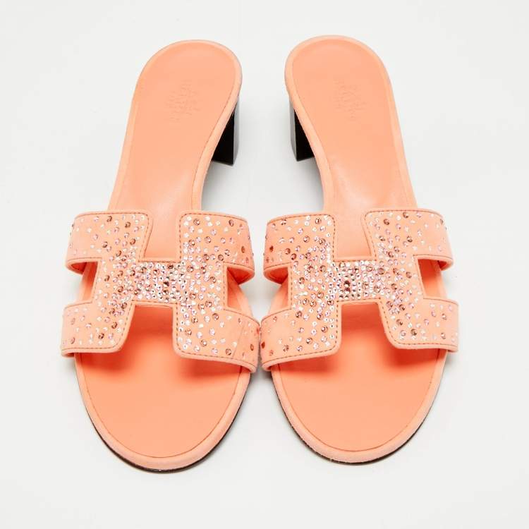 Pre Owned Hermes Orange Suede Crystal Embellished Oasis Slide Sandals Size 37