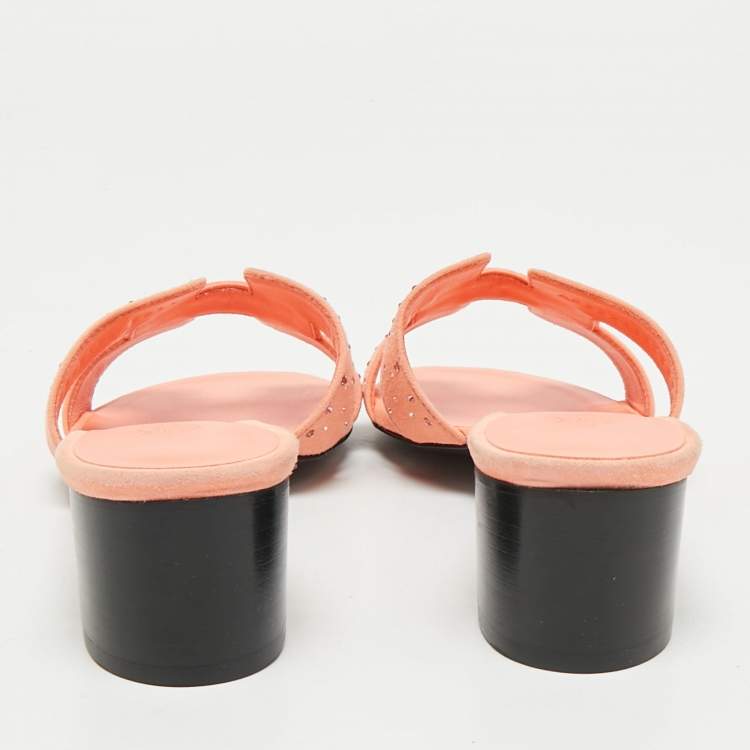 Pre Owned Hermes Orange Suede Crystal Embellished Oasis Slide Sandals Size 37