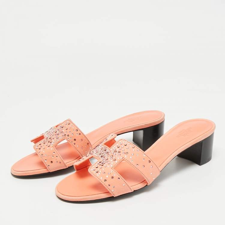 Pre Owned Hermes Orange Suede Crystal Embellished Oasis Slide Sandals Size 37