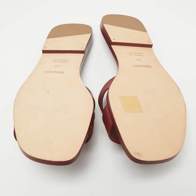 Pre Owned Hermès Burgundy Leather Oran Flat Slides Size 39