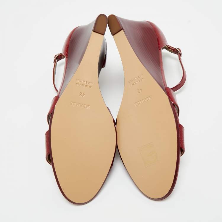 Pre Owned Hermes Burgundy Patent Leather Legend Wedge Sandals Size 42