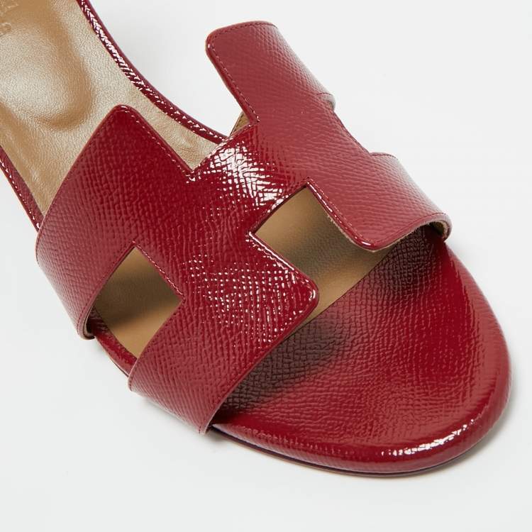 Pre Owned Hermes Burgundy Patent Leather Legend Wedge Sandals Size 42