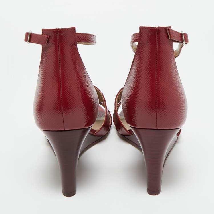 Pre Owned Hermes Burgundy Patent Leather Legend Wedge Sandals Size 42