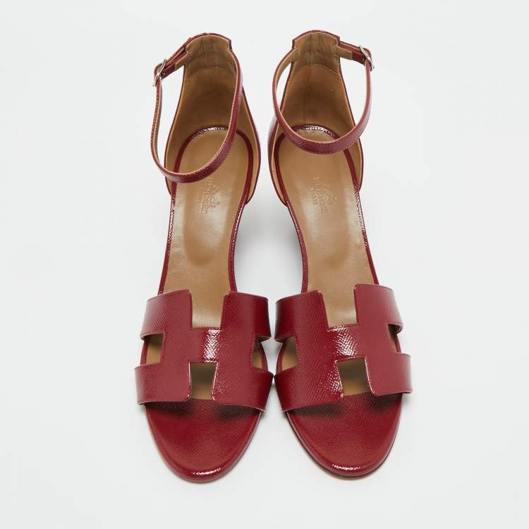 Pre Owned Hermes Burgundy Patent Leather Legend Wedge Sandals Size 42