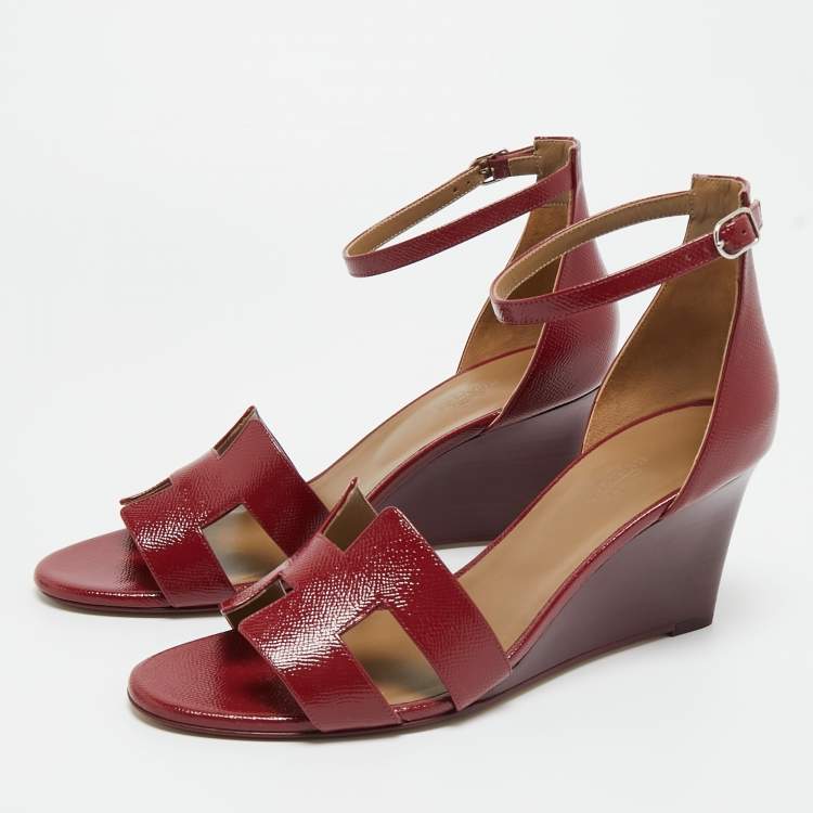 Pre Owned Hermes Burgundy Patent Leather Legend Wedge Sandals Size 42