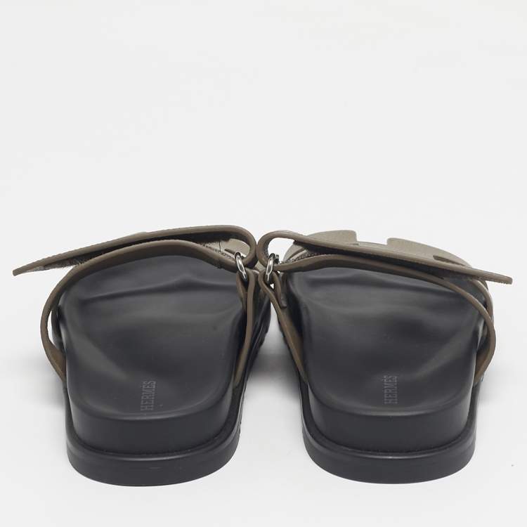 Pre Owned Hermes Green Leather Chypre Slide Sandals Size 34