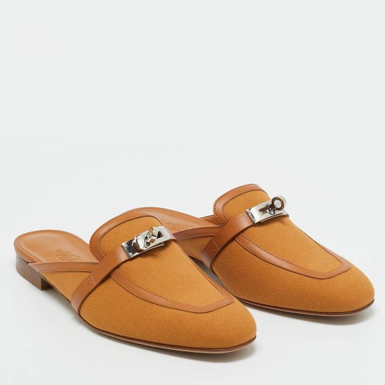 Pre Owned Hermès Brown Fabric and Leather Oz Mules Size 39