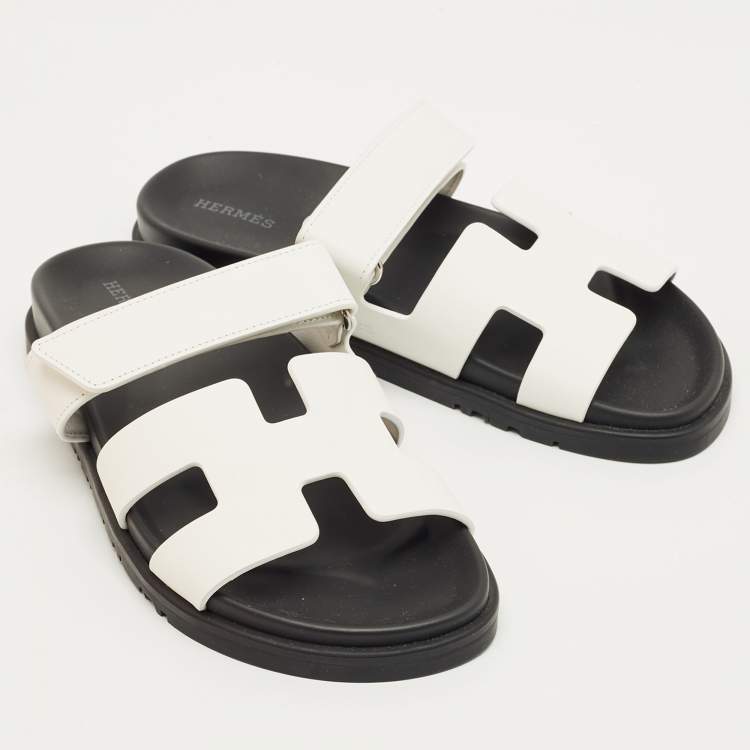 Pre Owned Hermès White Leather Chypre Flat Slides Size 38.5