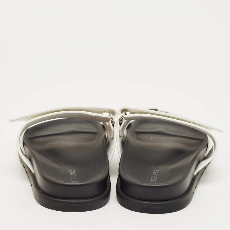 Pre Owned Hermès White Leather Chypre Flat Slides Size 38.5