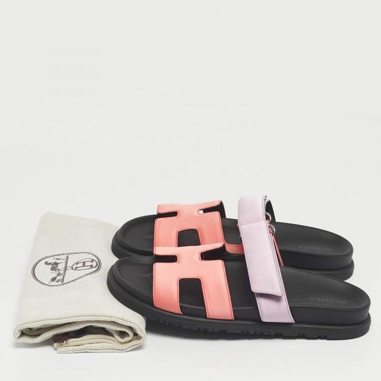 Pre Owned Hermès Pink/Purple Satin Chypre Flat Sandals Size 37.5